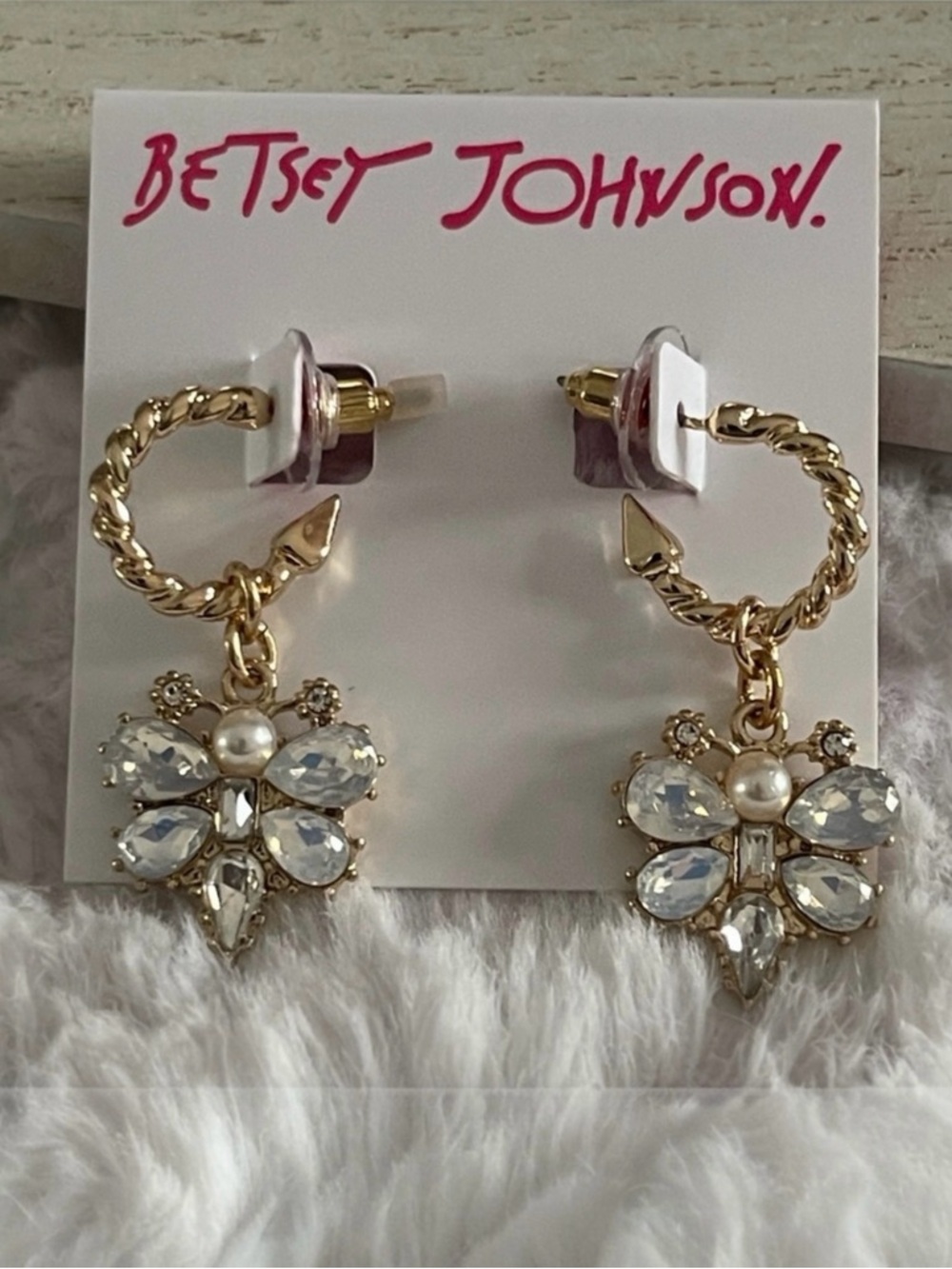 Betsey Johnson Crystal Flower Drop Earrings Rhinestone Statement Dangle Earrings
